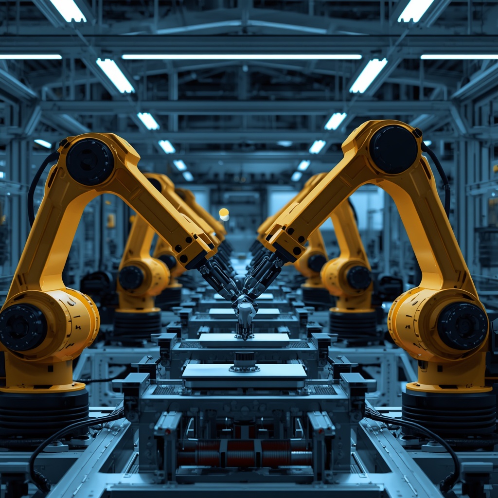 Advanced robotic arms performing precision assembly in a modern automated factory with blue lighting and clean industrial design